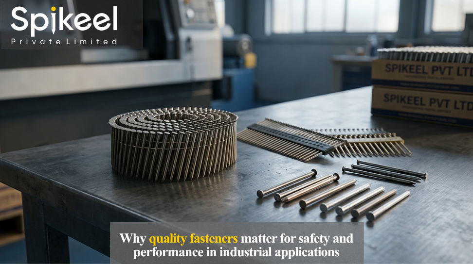High-quality 15-degree wire-collated coil nails and industrial fasteners on a metal workbench in a Spikeel manufacturing facility.